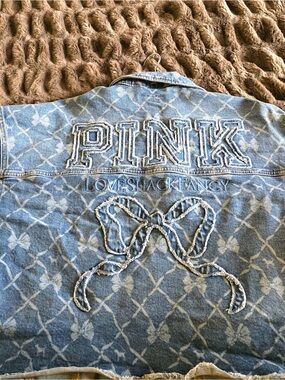 PINK x LOVESHACKFANCY Embroidered Denim Jacket in Light Blue with Bow